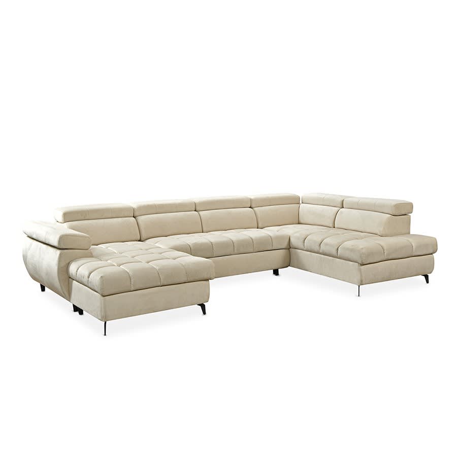 Canapé panoramique convertible matelassé avec coffre en velours beige - Angle gauche